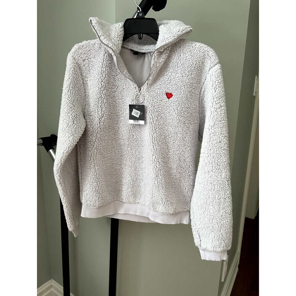 Topshop Women'sFleece Quarter Zip Pullover In Grey With Embroidered Heart Size 4